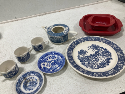 Blue Dish set, Teapot, (4)Plates, (3)Cups, (2)Red Glass Serving Dishes