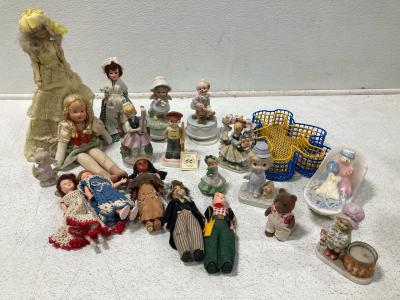 (8)Vintage Plastic Dolls, (8)Vintage Figurines, (2) Glass Vintage Revolving Music Box (2) Bear shaped Wired Trays