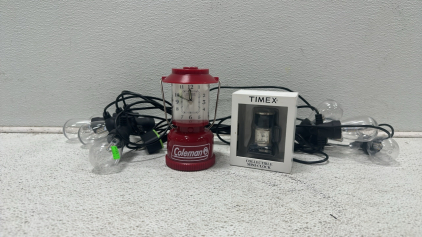 TIMEX Collectible Mini-Clock, Coleman Alarm Clock, LED String Lights