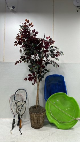 Artifical Potted Tree Decor, (4) Tennis/Racquetball Racquets, (3) Snow Sleds