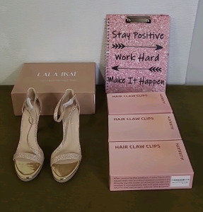 (1) Pair Of LALA IKAI, Platform Evening Shoes, Womens ,Size Eu-37.5, US-7, (1) Clipboard Organizer & (3) 8-Pack Boxes Of Aurkath Hair Claw Clips