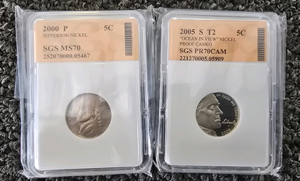 (2) SGS Graded Coins- MS70 Jefferson Nickle, PR70CAM "Ocean In View" Nickle Proof