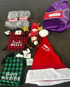 (8) Christmas Bags, Tree Skirt, Santa Hat, Tinsel Garland