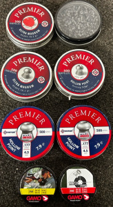 (2) Premier 7.9 Gr. Hollow Point 500 Pellets, (3) Premier Ultra Magnum Heavy, 10.5 GR. 500 Pettlets, (2) Gamo 7.56GR. Pellets