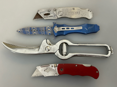 Pocket Knife, Customa Scissors, and (2) Utility Box Cutters