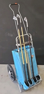 (1) Antique Tour-Mate Blue Golf Bag/Cart (3) Antique Golf Clubs