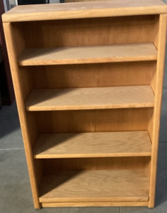 VINTAGE WOOD BOOKSHELF (48” X 31” X 12”).