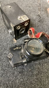 VINTAGE TARGET BROWNIE SIX-20 CAMERA, VINTAGE MINOLTA SRT102 CAMERA, VINTAGE KITCHEN SCALES, AND MORE.