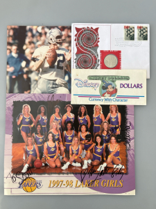 Laker Girls Signed Picture, Disney Dollars, Football Picture, and Foreign Coin
