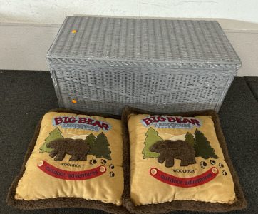 Grey Shoe Bin & (2) Throw Pillows
