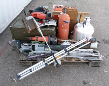 (1) Vintage Gas Tank (1) Bostitch Nail Gun (1) Green Trunk & Much More
