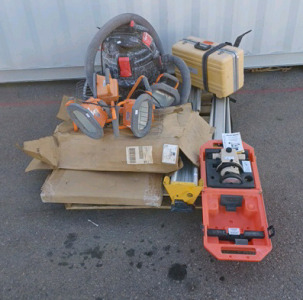 (2) HDX Work Lights (orange) (1) Shop&bull;Vac (1) David White Level-Transit (1) Self-Leveling Laser (1) Surveying Equipment (2) Basketball Hoops and More!!