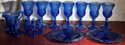 Blue Mount Vernon Glass Plates, Cups, And Salt And Pepper Shakers