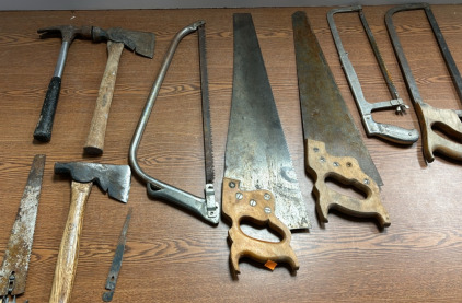 Assortment Of Saws, Axes, & Hammers