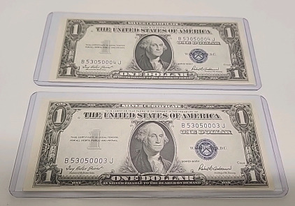 (2) Consecutive Serial Number 1935 F Silver Certificate Dollar Bills In Protective Cases