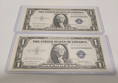 (2) Consecutive Serial Number 1935 F Silver Certificate Dollar Bills In Protective Cases