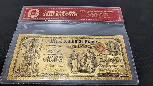 (1) $1 1875 99.9% Pure 24k Carat Gold Banknote W/ C.O.A