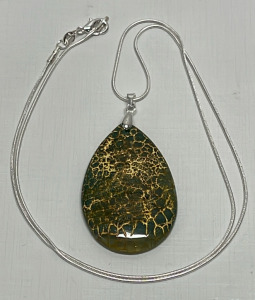 Green & Yellow Dragon Veins Agate Teardrop Gemstone Pendant W/ .925 Silver Necklace