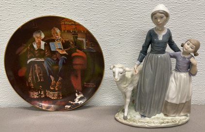 Lladro Porcelain Figurine And Edwin M Knowles China Co. Norman Rockwell #581 “Evenings Ease” Porcelain Plate