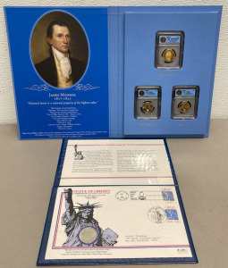 James Monroe 2008 3 Coin Collectors Set In Display Book, Statue Of Liberty Commemorative First Day Cover Of 100th Anniversary Of Statue Of Liberty Coin 1886-1986