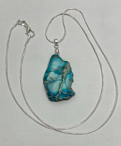 43.70ct. Turquoise Blue Sea Sediment Jasper Freeform Slice Pendant W/ .925 Silver Necklace