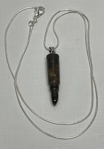 Bullet Shaped Tiger Eye Jasper Pendant W/ .925 Silver Necklace