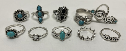 (10) Bohemian Turquoise Inlaid Womens Rings