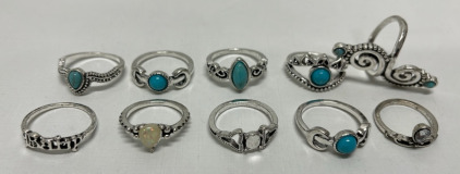 (10) Bohemian Turquoise Inlaid Womens Rings