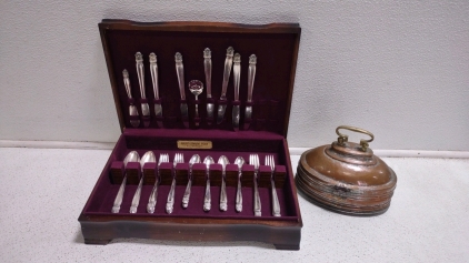 Holmes & Edwards Inlaid Silver plate Silverware Inside Wooden Box w/ Violet Padding & (1) Vintage Copper Foot/Bed Warmer