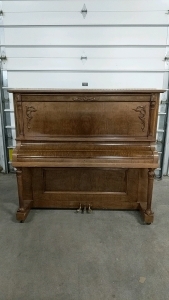 Title: Vintage Bell Upright Piano – Ornate Wood Detailing