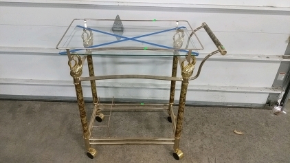 Vintage Gold and Glass Rolling Bar Cart with Swan Accents - 30"x 15½"x 29½"