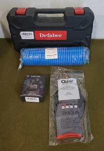 (1) Defabee Rivet Nut Tool Kit, (1) 1/4" x 25 Foot PE Air Hose, Blue, (1) Pair Of Earplugs & Pair Of Work Gloves, Small