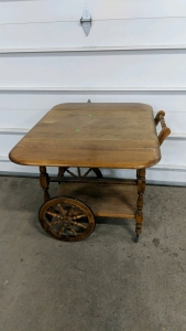 Vintage Wooden Rolling Tea Cart with Drop-Leaf Sides and Storage