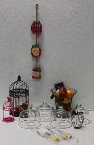 (2) Gun Locks with Keys 12ct Glass Cheese Domes, Basket Plastic Fruit, 2 Decorative Bird Cages