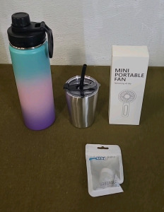 (1) Vacuum Insulated Water Bottle, (1) Vacuum Insulated Cup, (1) Mini Portable Fan & (1) USB Powered Night Light