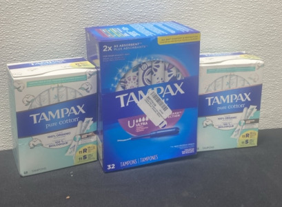 (1) 32 Pack Ultra Tampax Tampons (2) 22 Packs of Tampax Pure Cotton Tampons