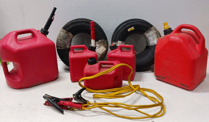 (4) Trailer Tires (4.80-8) (3) small Gas Cans (2) Large Gas Cans, Jumper Cables