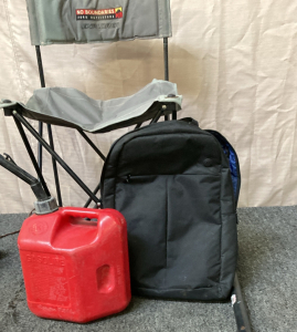 VINTAGE NO BOUNDARIES FORD EXPLORER FOLDING CHAIR, 2 GALLON GAS CAN, BLACK HP BACK PACK, WEIGHT BAR.