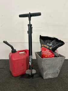 Gas Can, Bike Pump, Artstone Planter, and Bag of Sungro Potting Mix