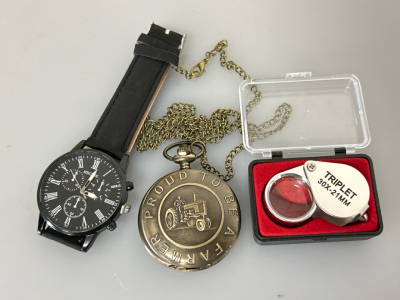 Men's Watch, Brass Toned Pocket Watch and Jewelers Loupe