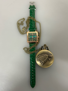 Green Wrist Watch and Brass Toned Pocket Watch
