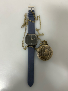 Geneva Blue Wrist Watch and Brass Toned Pocket Watch