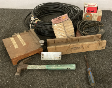 Coax Cable,Rockwood Miter Box,Small Paper Cutter,Antiquing Kit,Wooden Clothes Pins,Hammer,Stainless Studs,Antique Feather Claw
