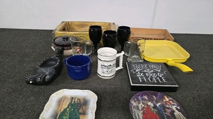 (1) Antique Coca-Cola Crate (1) Antique Carpet Tack Crate (3) Black Wine Glasses (3) Beer Glasses (1) Coffee Mug and More