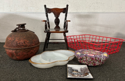 Small Wooden Chair, Milk Glass Tray & More