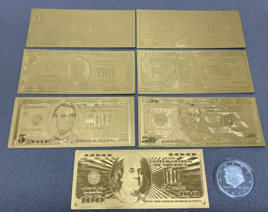 (7) Gold Leaf Bank Notes And (1) 2017 Trump Coin