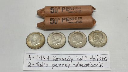 (4) 1964 Kennedy Half Dollars And (2) Rolls Of Lincoln Wheat Pennies Dated 1920’s-1958