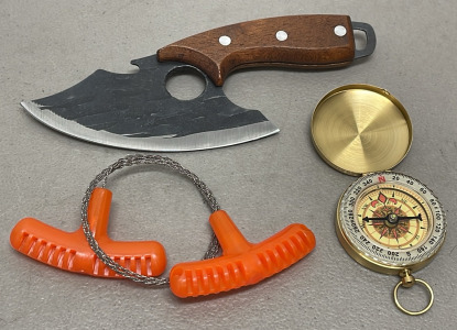 Finger Skinner Knife, Brass Compass, Rope Saw