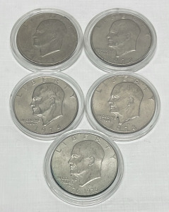 (5) Eisenhower $1 Coins Dated 1971, 1972, 1974, 1978, Bicentennial 1776-1976