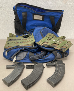 (3) SKS 7.62 x 39 Ammunition Magazines, (1) .22 Magazine, (2) Camouflage Ammunition Pouches, (2) Blue Zip Up Bags